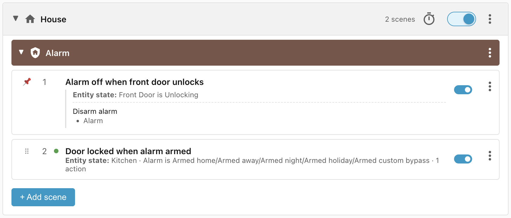 Alarm off when front door unlocks as first scene.