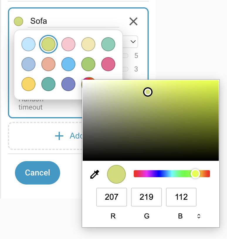Choosing a zone colour from the preset swatches, with the custom-colour fallback.