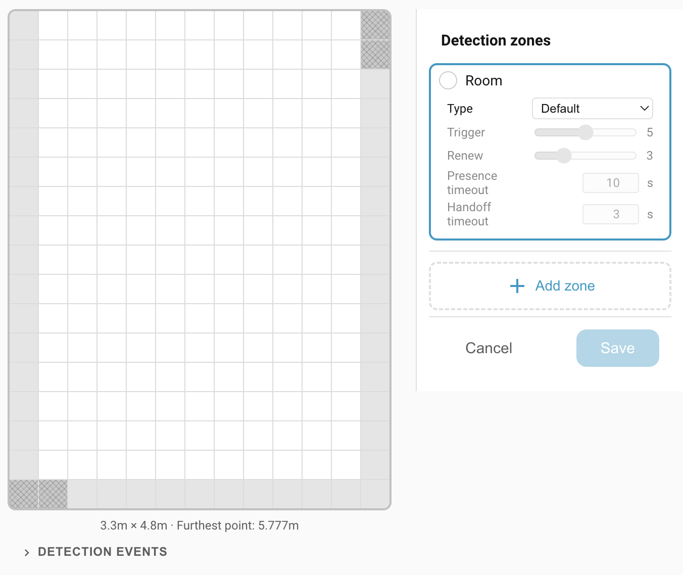 Detection zones editor with the Room entry at the top and the Add zone button, before any named zones exist.
