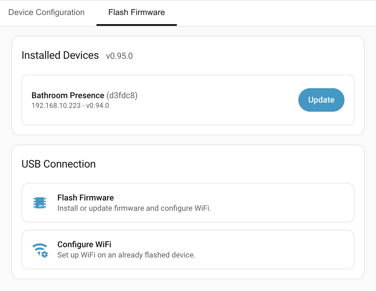 Installed Devices list with an Update button and "Update needed" badge on one device. Installed Devices list with an Update button and "Update needed" badge on one device.