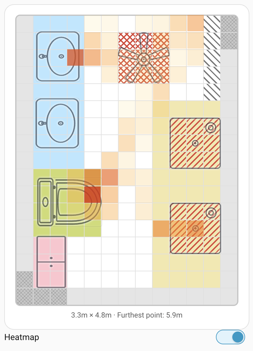 Live overview grid with the heatmap layer enabled, showing warm-coloured cells over frequently-occupied areas.