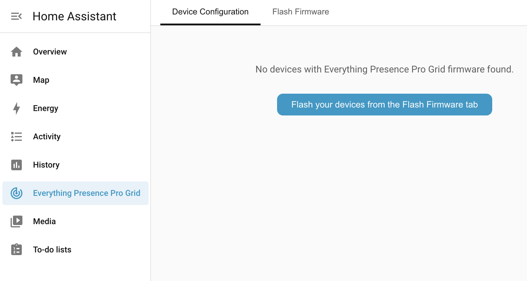 Everything Presence Pro Grid panel in the HA sidebar, empty state — no devices yet.