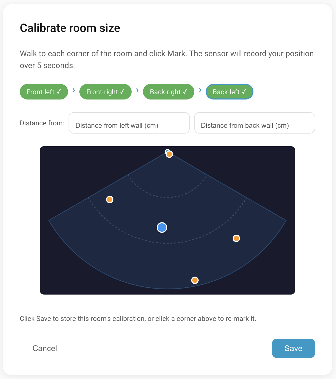 Calibration wizard capturing the four corners of a room.