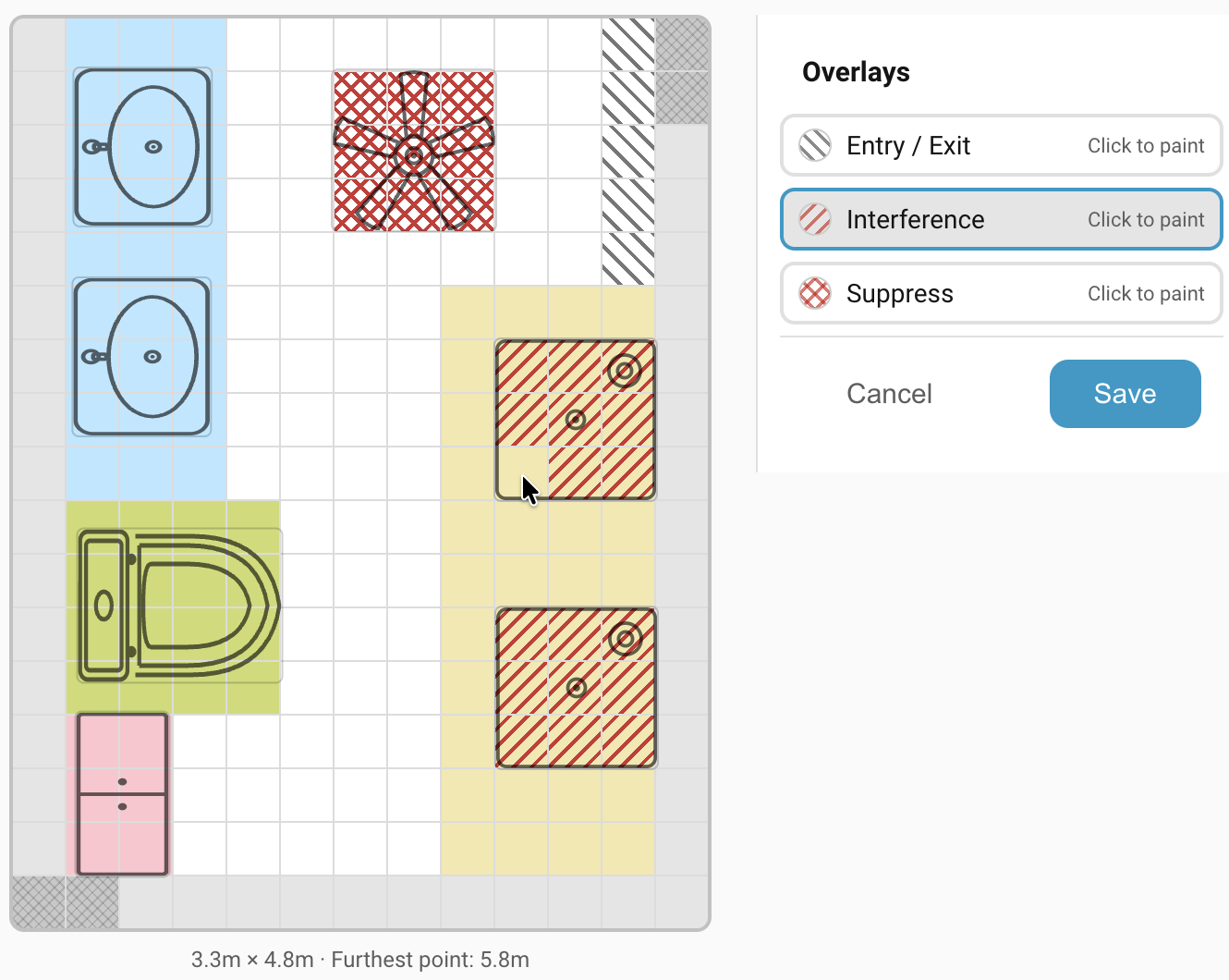 Overlays sidebar with the three type buttons (Entry/Exit, Interference, Suppress), with Interference active.