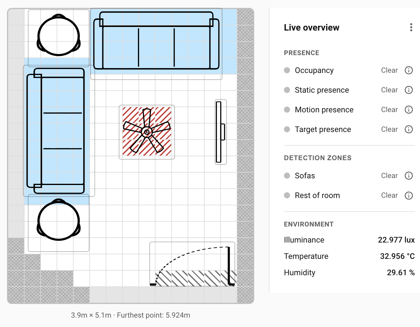 Grid layout of the example room with zones, furniture, and overlays marked