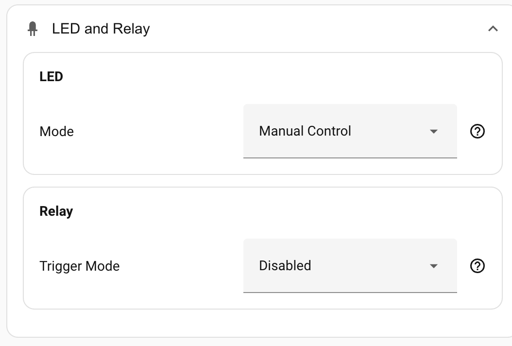 LED and Relay settings. LED and Relay settings.